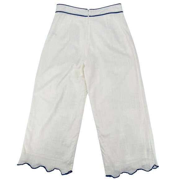 Lalavon Womens Viscose Linen Blend White & Blue Embroidered Wide-Leg Pants S - Picture 3 of 10